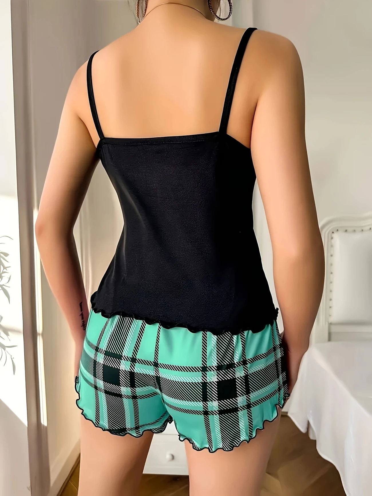 womens camisole s pajama heart letter print with ruffle details fashionable comfortable cute soft loungewear outfit sleeveless top and pants with rolled hem shoulder straps suitable for spring summer autumn details 1