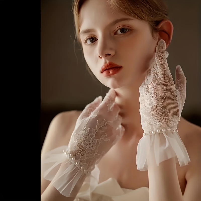 

1 Pair Elegant White Lace Pearl Wedding Gloves For Women, Floral Pattern Decorative Fingerless Gloves, Non-stretch Fabric, Printed , Ideal For Bridal & Ball Parties