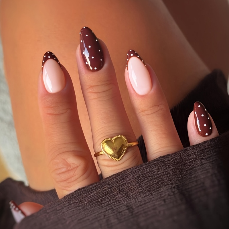 TEMU Vintage-Polka-Dot-Künstliche-Nägel, Mandelform, 24 Stück pro Beutel, Nageldesign-Set mit Geleklebe-Patches, geeignet für den täglichen Gebrauch