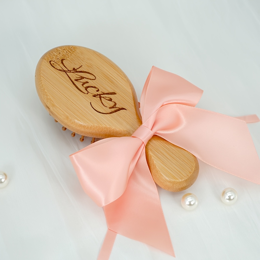 TEMU 1pc Personalized Brush - Natural Bamboo Detangling Mini Hairbrush With Air Cushion Comb And Scalp Massage, Laser Engraved Initials/name, Ribbon