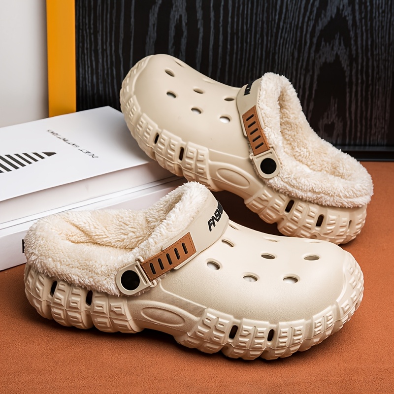 unisex winter fleece lined slip on clogs with removable plush inner lining non slip eva sole thick insulation for snow cold weather beige casual shoes for men and women winter shoes outdoor footwear unique tread pattern durable grip footwear