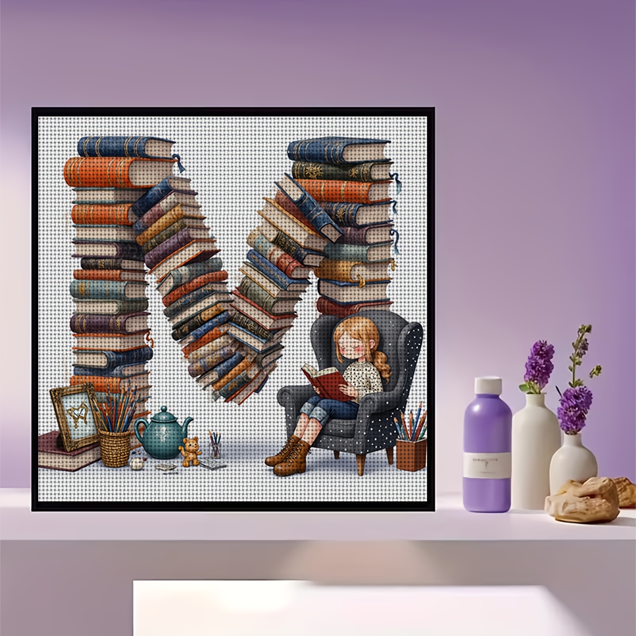 DIY Cross-Stitch Kit, 'Sitting by an M-shaped Stack of Books'