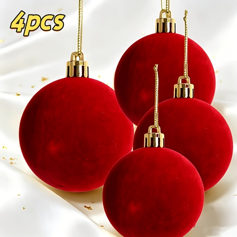 TEMU 4pcs Extra Large 10cm Burgundy Flocked Christmas Ornaments With Golden Hanging Covers, Large Velvet Christmas Hanging Balls For Christmas Tree