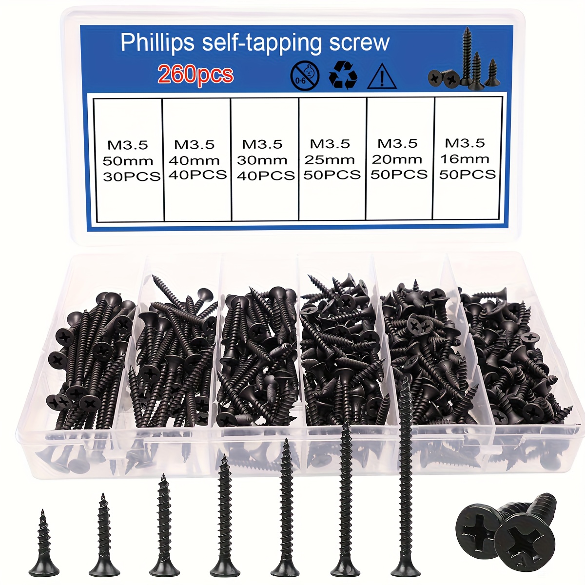 TEMU 260pcs Of Black Self-tapping Screws, Drywall Screws, Drywall Nails, Hardened Self-tapping Screws, Wood Screws, Home Renovation Screws