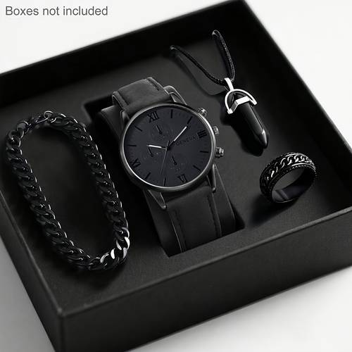 4pcs mens leisure quartz watch and bracelet necklace ring set suitable for daily wear boyfriend birthday gift graduation travel mens party christmas gift homecoming season fathers day valentines day mens perfect gift