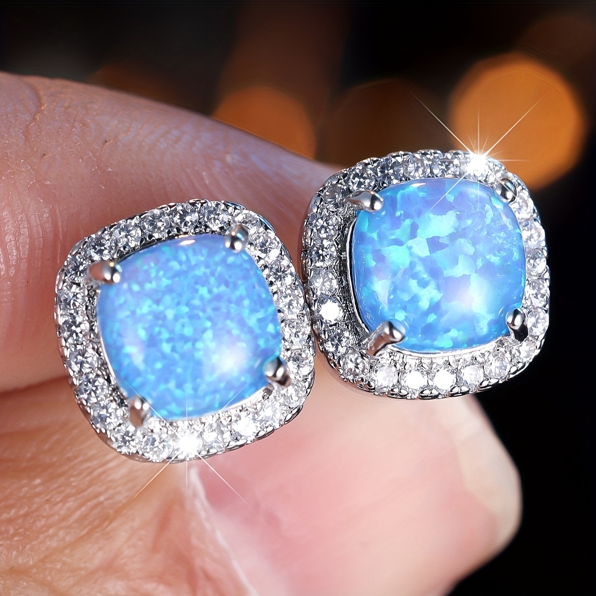TEMU 1 Pair Angol Bohemian & Elegant K-plated Blue Synthetic Opal Stud Earrings - Wedding , Ear Stones For Bridal, Wear, Gift For - (synthetic Opal)