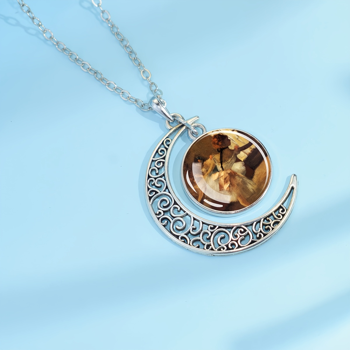 Hollow Out Crescent Moon Pendant Necklace with Filigree Design