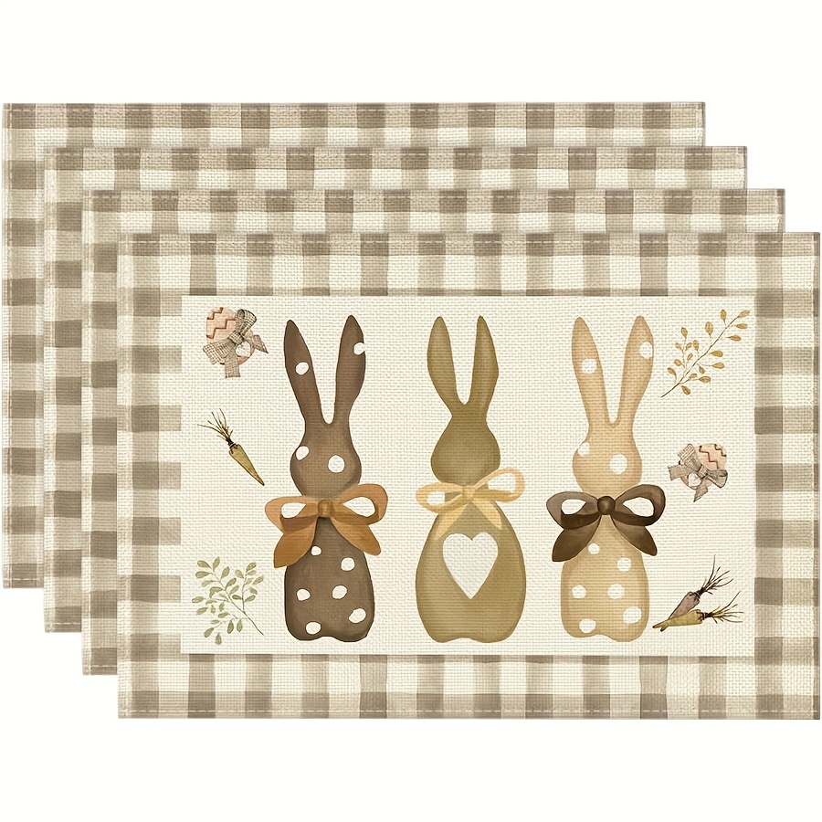 

4pcs Easter Bunny Themed Placemats, 100% Linen Woven Square Table Mats, Machine Washable, 12x18 Inch, For Holiday Dining & Kitchen Decor