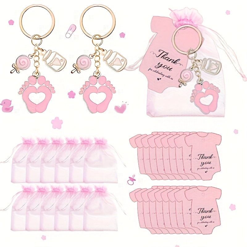 TEMU Gift For Her/him 36pcs Cute Footprint Keychain Birthday Party Favors Set, , 12 Bottle & Clothes Keychains, 12 Drawstring Organza Bags & 12 Thank