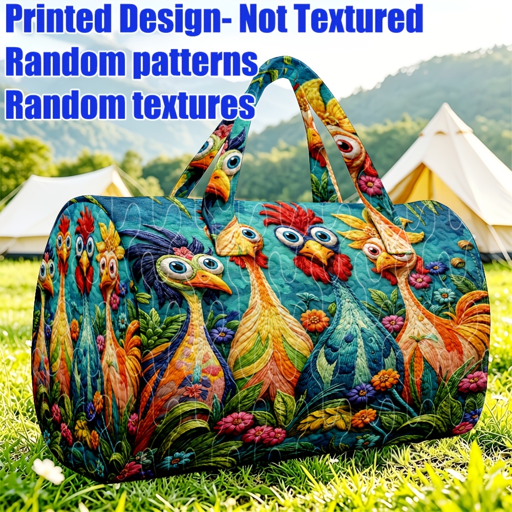 TEMU 1pc Colorful Cartoon Chicken & Floral Printed Quilted Women's Tote Bag, Large Capacity Travel Luggage Bag, Cartoon Style, Ideal For Weekend
