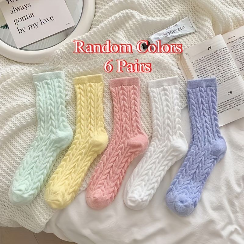 TEMU 6-pair Women's Mixed--bristle Socks, Thickened Colorful Mid-tube Cold-weather Socks, Autumn/winter Candy-colored Thermal Socks, Random Colors