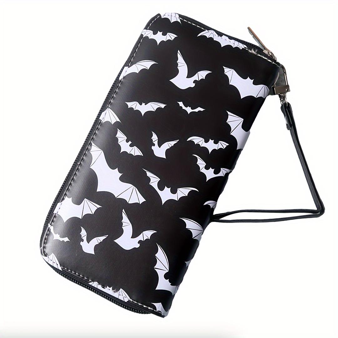 

Vintage Gothic Bat Print Pu Leather Wallet, Unisex Long Zipper Clutch With Large Capacity