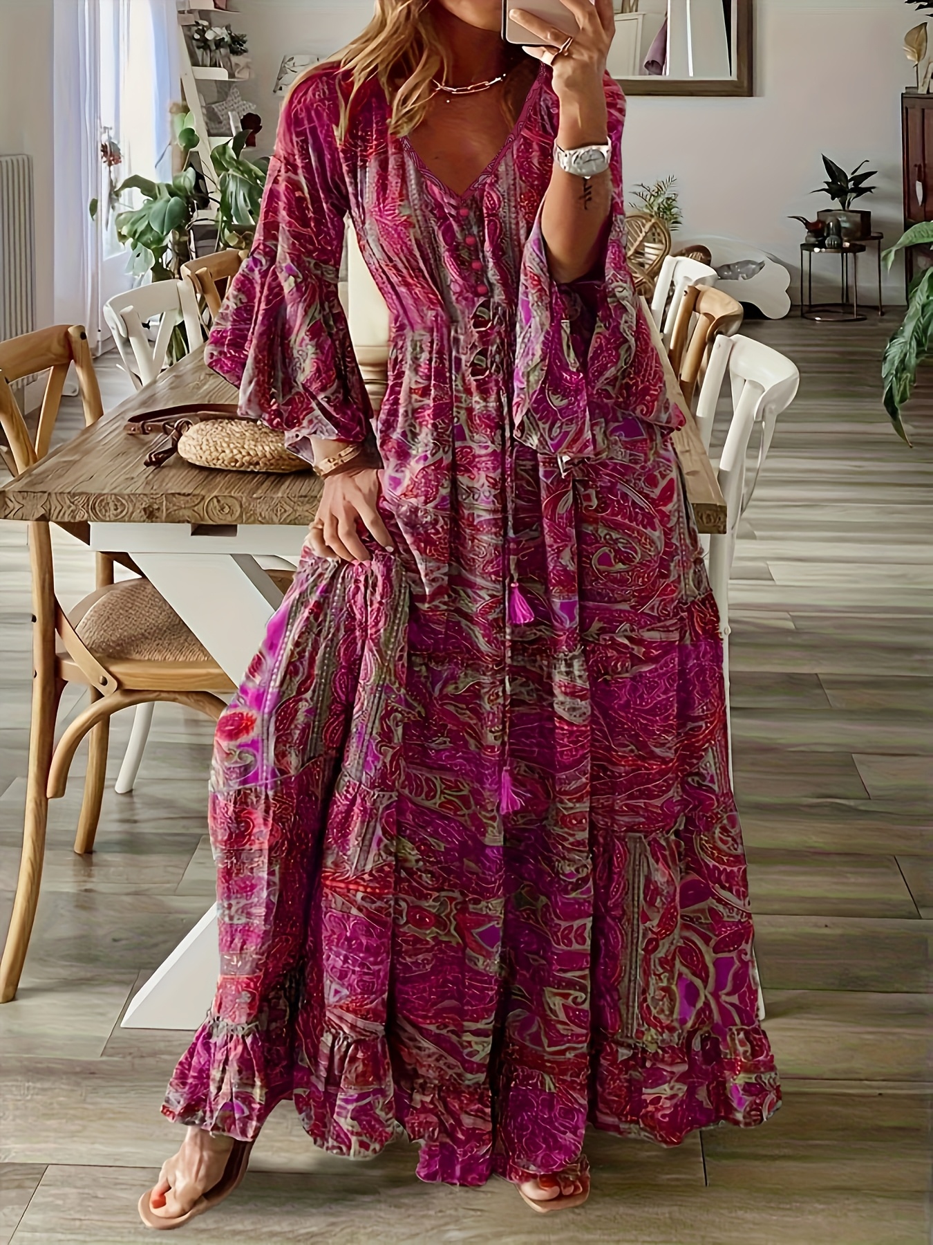 chinese dress ladies Ivory Floral Print Rayon Maxi Dress - Long Sleeve Dresses main image 0
