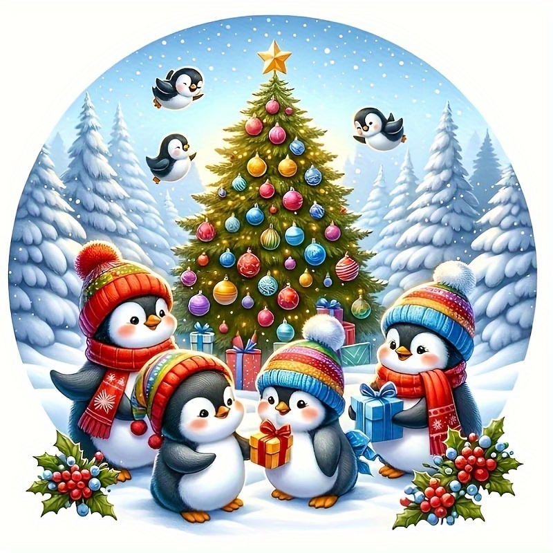 

5d Diy Diamond Painting Kit For Adults - Cartoon Christmas Penguins Theme - Round Acrylic Diamonds Full Drill Canvas Art For Home Wall Decor And Gifts