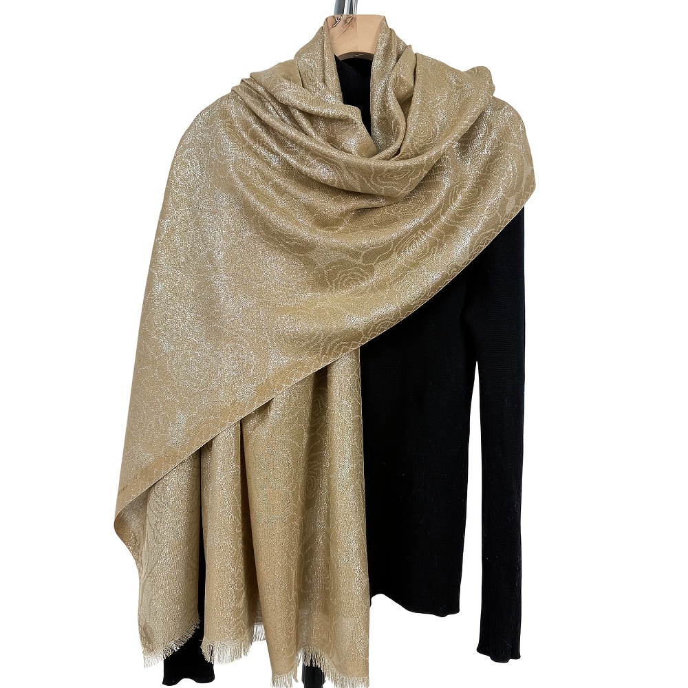 TEMU A Stylish And Versatile Scarf Or Shawl With A Floral Jacquard Design, Featuring Metallic Threads That Shine, Perfect For Casual Evening Events,