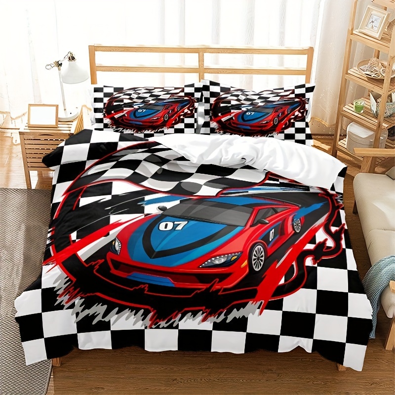 racing car duvet cover black white checkered cartoon car Temu Norway