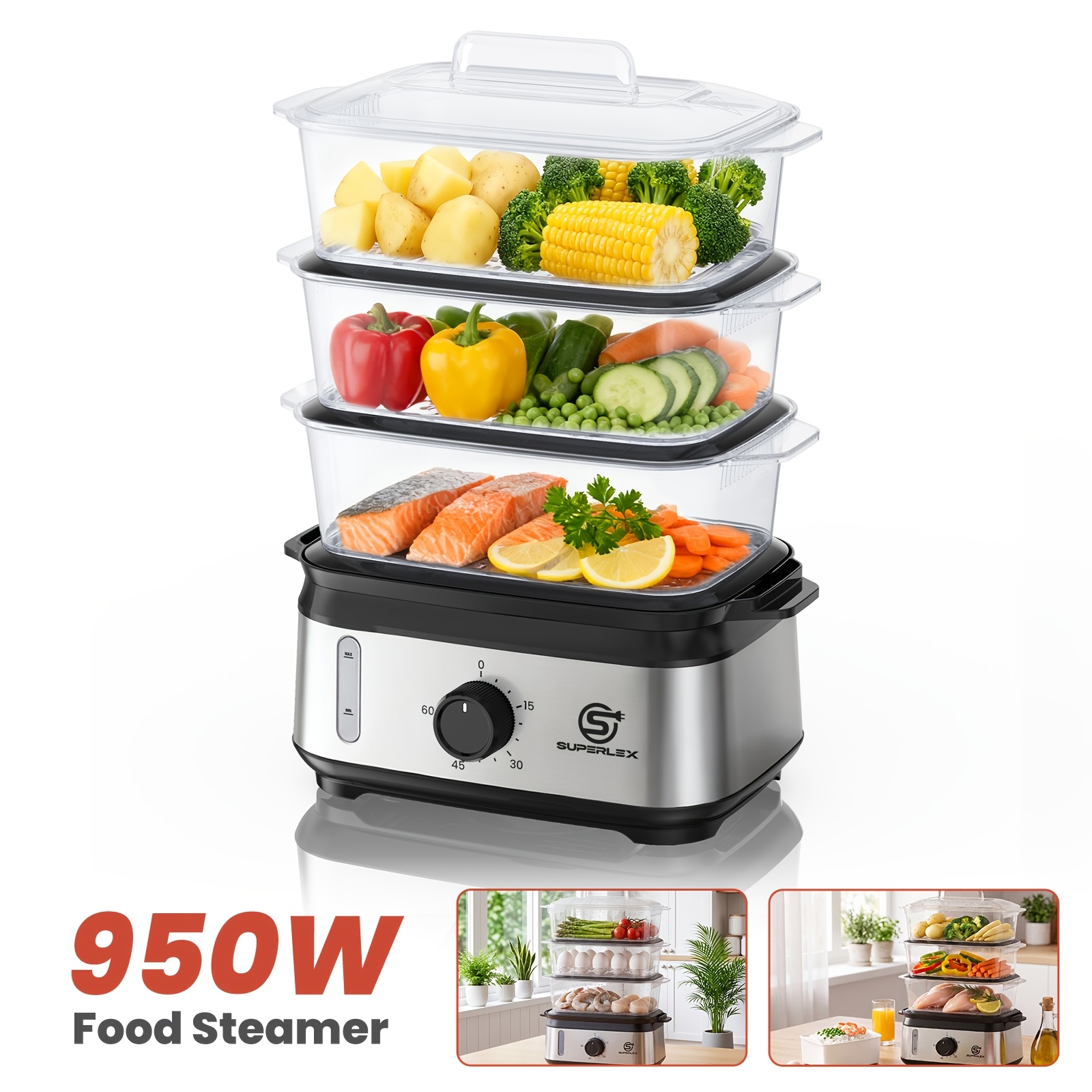 TEMU Superlex Food Steamer With 3-tier Large Capacity, 950w Fast Heating Steamer With 60-minute Timer, Cooking Steamer Suitable For Vegetables, Meat,