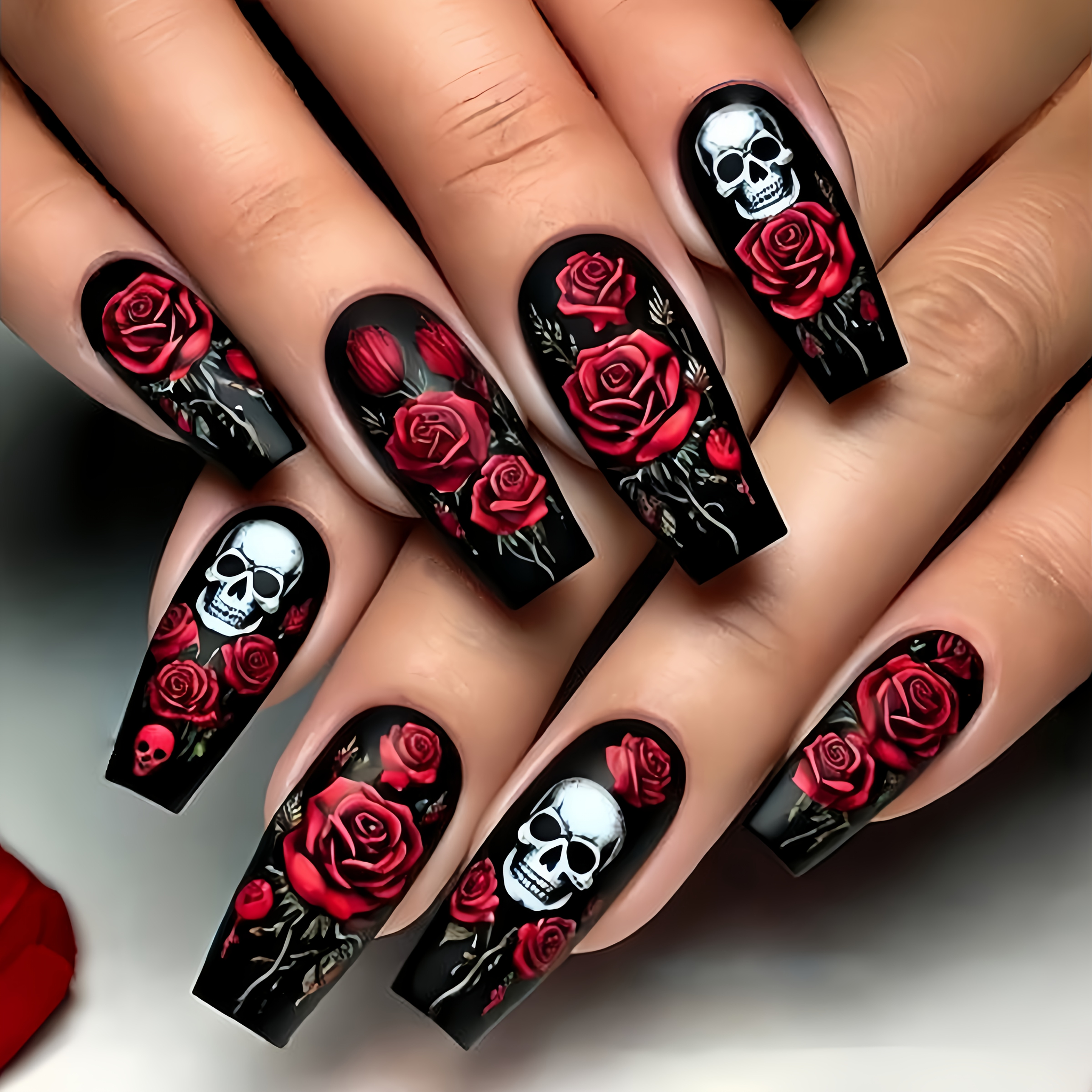 E-shop Halloween-Nagelaufkleber, mittellange Ballettform mit Rosen- Totenkopfmuster, abnehmbares 24-teiliges Set, Rot- Schwarz-Serie, Kunstnägel im