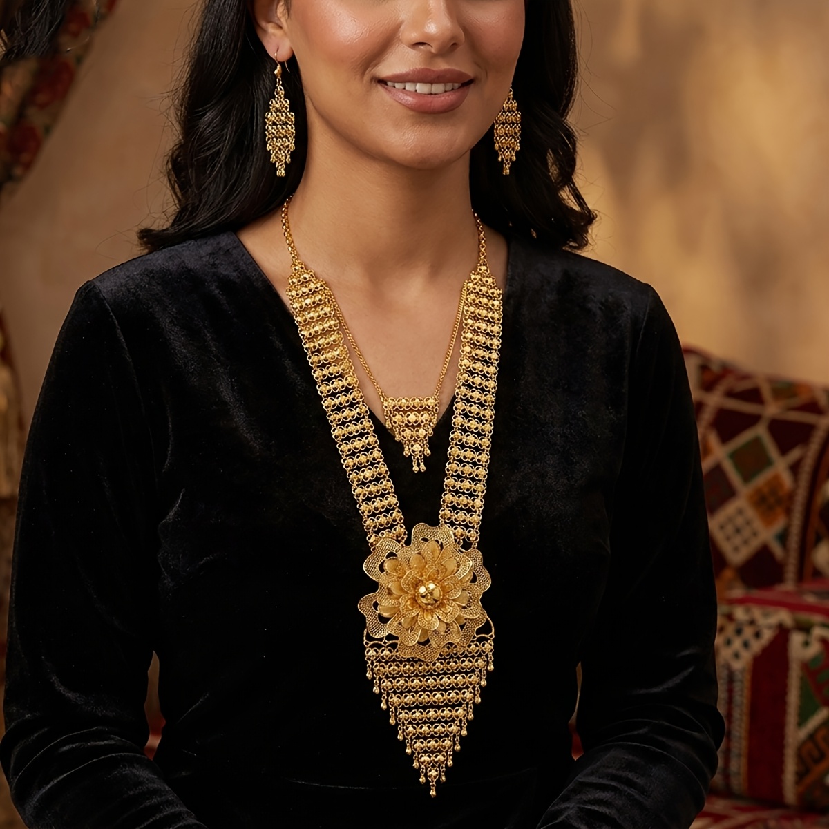 TEMU Middle Light Luxury Floral Necklace And Earrings Set, Versatile Jewelry Set Suitable For Dubai, African Women's Weddings, Banquets, And Holiday