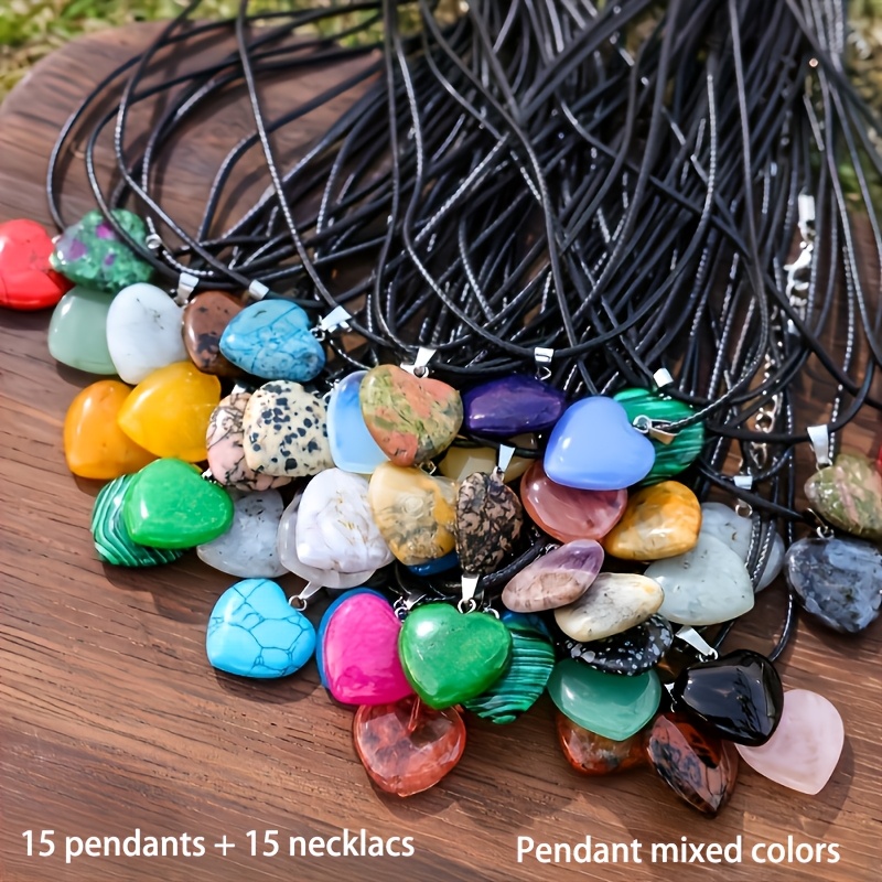 Image of 30pcs Natural Stone Heart Pendant Set, Random Mixed Colors, With Adjustable Necklace Cords, Suitable For Jewelry Making, Ideal Holiday Gift (15pcs Pendants And 15pcs Necklace Cords)