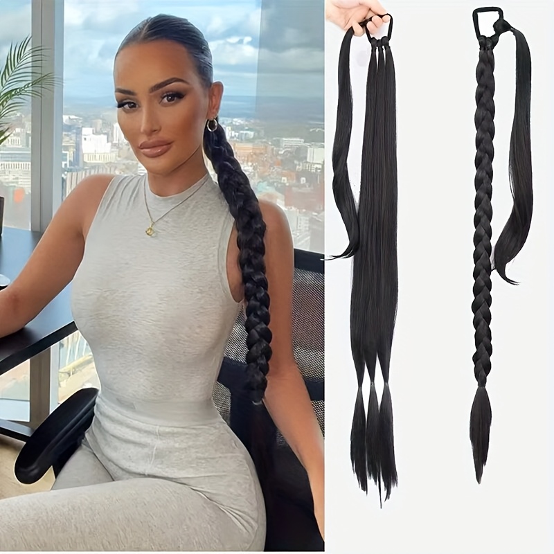 long braid ponytail with hairband straight wrap braids and extensions     of ponytails   synthetic hair pieces suitable for womens daily wear 40 inches     black     christmas new year carnival music festival 0