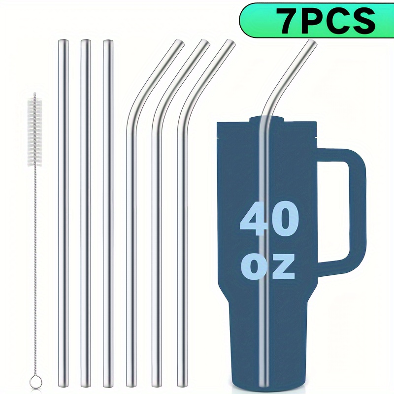 

7pcs 40-ounce Stainless Steel Replacement Straws, Long Silvery Straws With Cleaning Brush, Dishwasher-safe, Suitable For Iced Coffee And Juice, , Compatible With 30/40-ounce Sports Cups