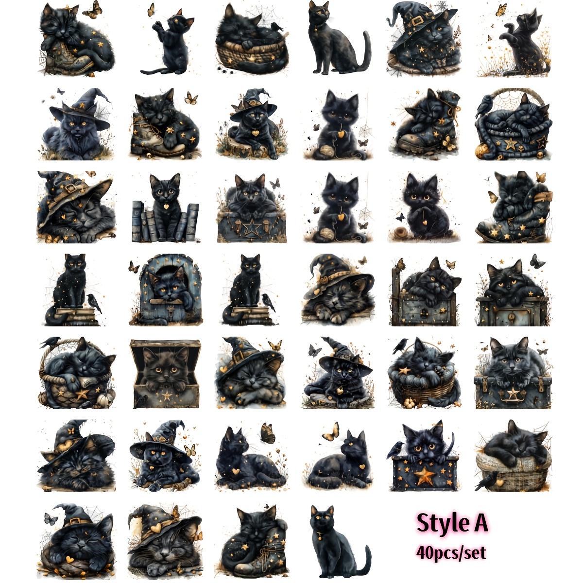 Image of Set Of 40pcs Of Handmade Creative Vintage Witch Cat Magical Black Cat Cat And Stickers For Junk Journals, Diary Stickers, Journal Stickers, Magazine Decorations, And Gifts. For Halloween