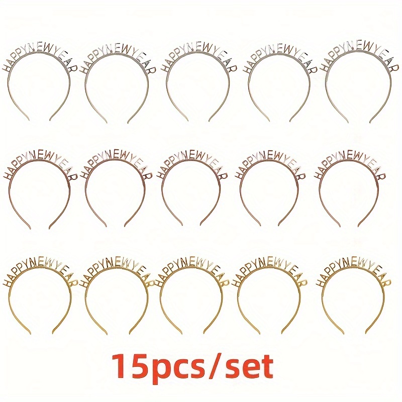 TEMU 15pcs Happy New Year Headbands Set, Solid Color Electroplate New Year Celebration Hair Accessories For Families , Gifts