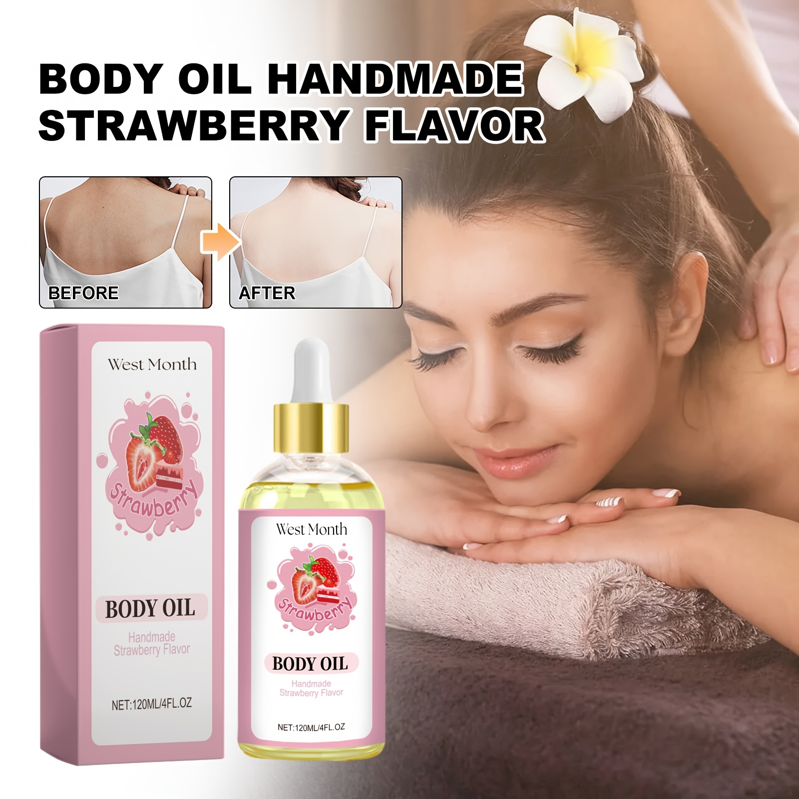 Ulje za hidrataciju tijela s mirisom jagode, hranjivo i omekšavajuće svjetlo bež boja, masaža cijelog tijela