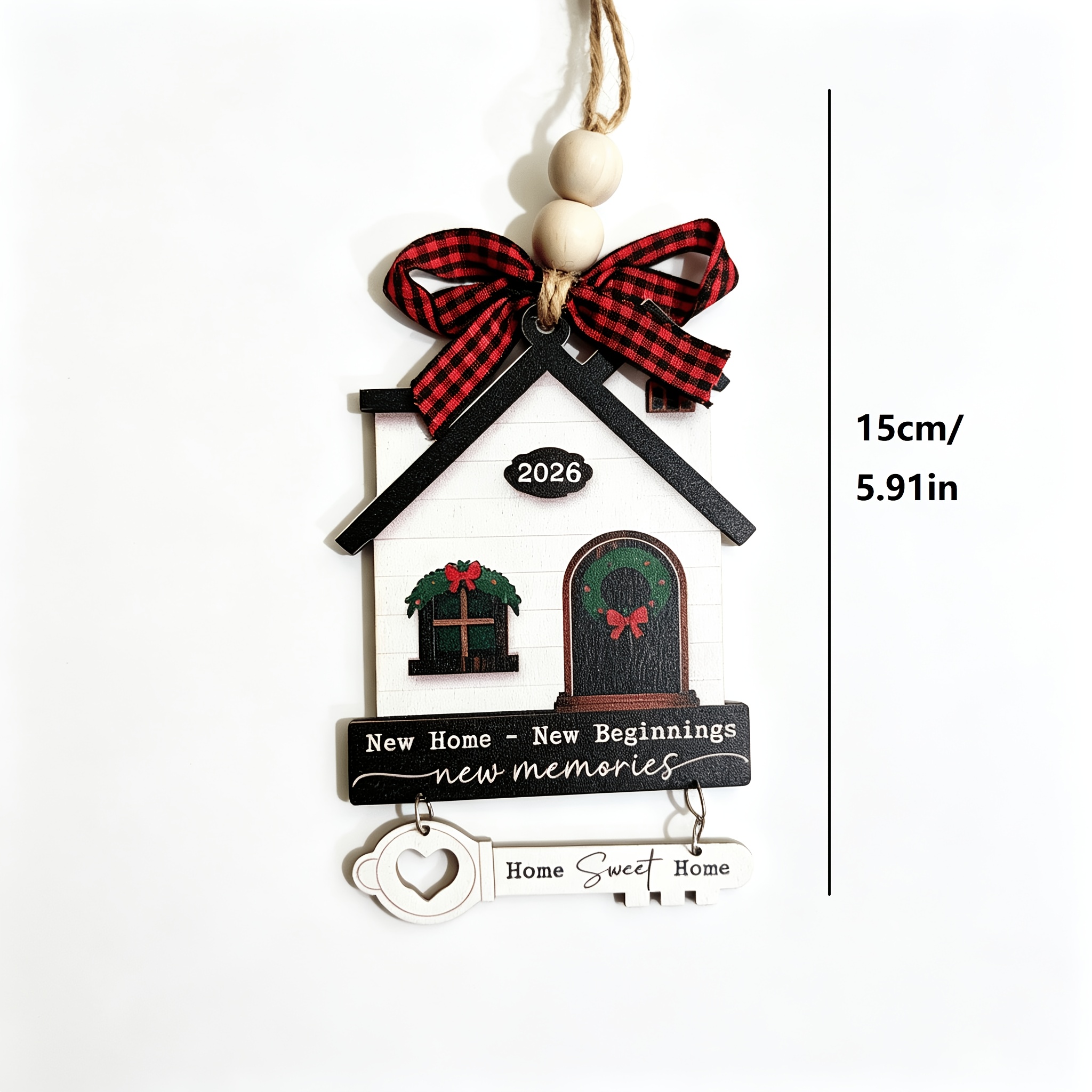 TEMU Commemorative Wooden House Hanging Ornament, Housewarming Gift, Sweet Home Key Pendant With Red And Black Bow, Housewarming Gift, Christmas Wall