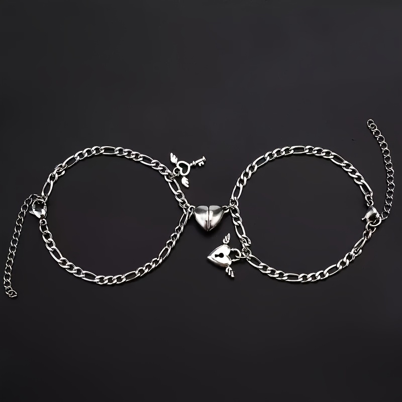 

2-piece Lock Key Pendant Bracelet, Zinc Alloy Jewelry, Elegant Casual Style, Fashionable Couple Bracelet