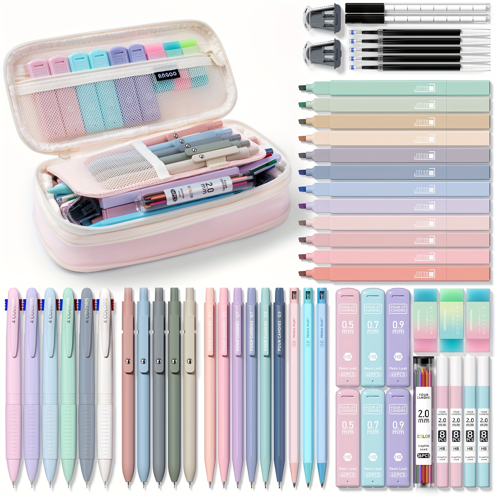 TEMU 4 Candies 56pcs Aesthetic School Supplies With Large Pencil Case, 6 Colored Ballpoint Pens, 12 Pastel Highlighters, 5 Black Ink Gel Pens, 9