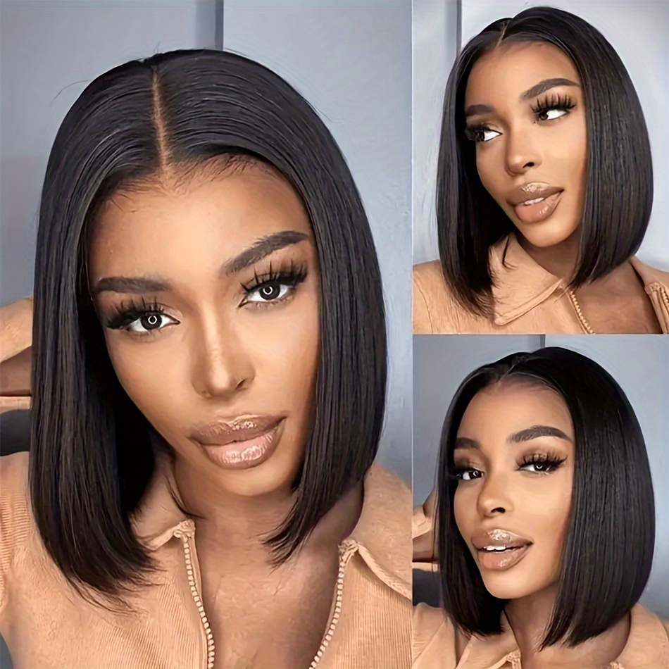 womens glueless bob wig 13x4 hd lace frontal 180 density straight human hair pre cut 8 14 inch details 1