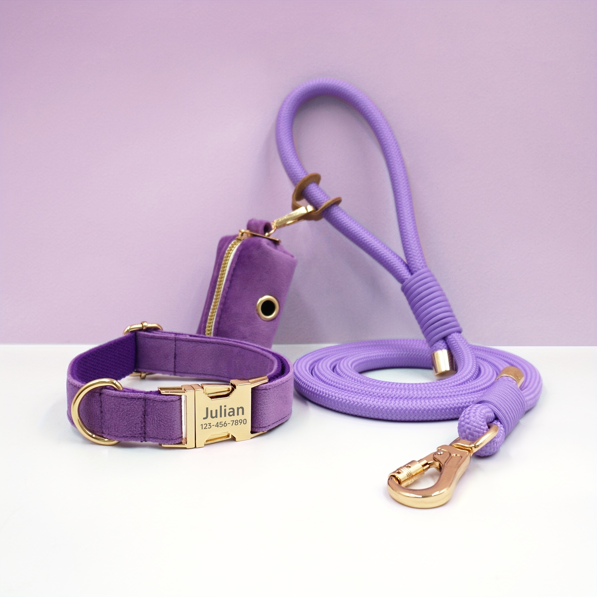 Customizable Soft and Comfortable Velvet Pet Dog Collar with High-Tensile Zinc Alloy Hook Buckle, Hand-Woven Round Rope Waste Bag Set. Free Laser Engraving of Pet Dog's Name and Owner's Phone Number. Dog Birthday Gift, Wedding Gift, Christmas Gift