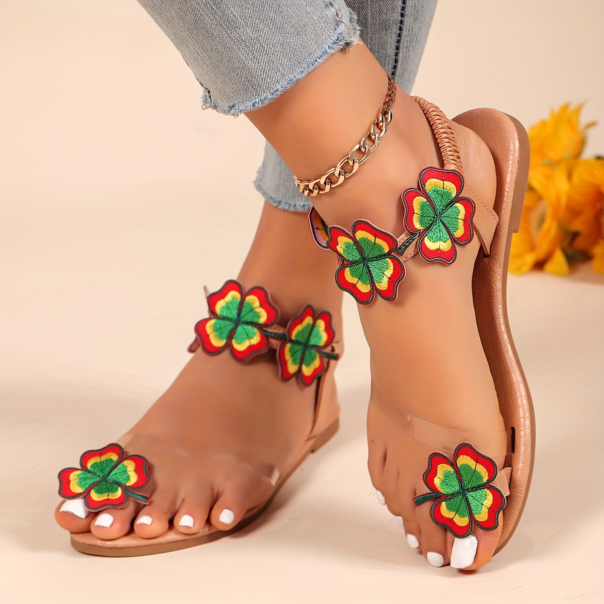 Women's Colorful Floral Decor Thong Sandals, Slip On Open Toe Non-slip  Lightweight Shoes, Vacation Summer Beach Shoes