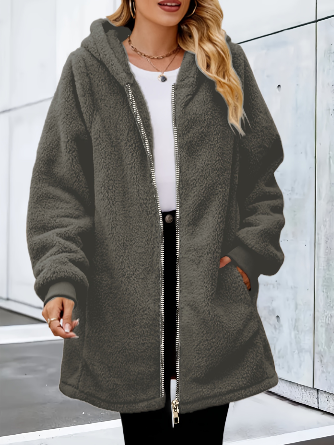 plus size solid hoodie teddy coat casual long Temu Saudi Arabia - Main Image
