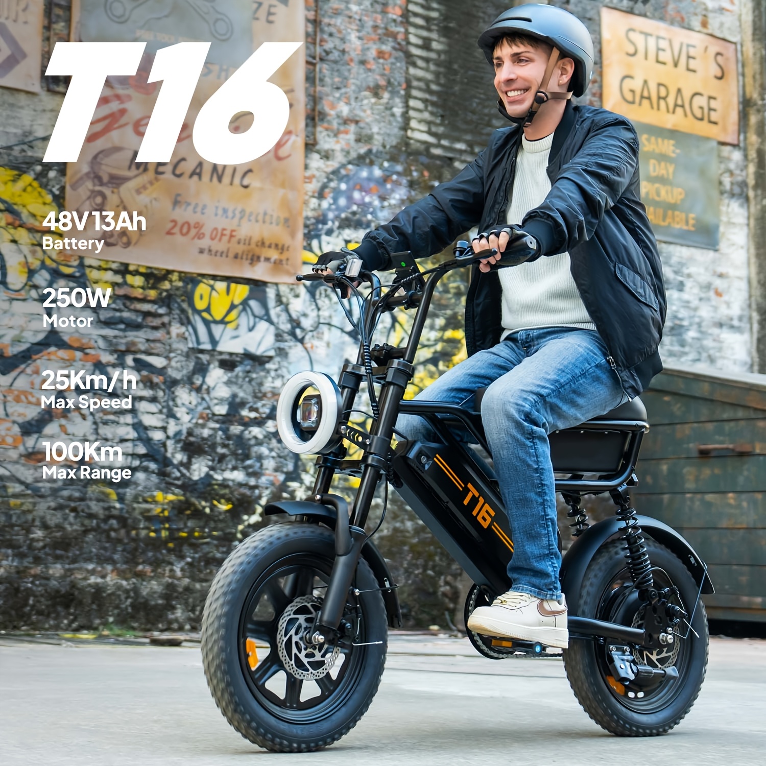 Image of T16 Electric Bike: 48v 13ah Battery | Range | 250w Motor | 16*3.0" Tires | Full Suspension | Storage Box | Front & Rear Lights Included