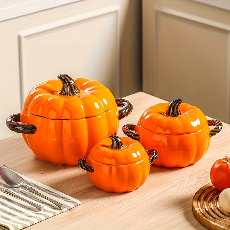 Hushee 2 Pcs Fall Ceramic Pumpkin Soup Bowls With Lid And Handles Thanksgiving Dutch Oven Pot 14 Oz Cookware Dish Pot For Thanksgiving Autumn Fall Harvest Party Baking Cooking Supplies(Tangerine