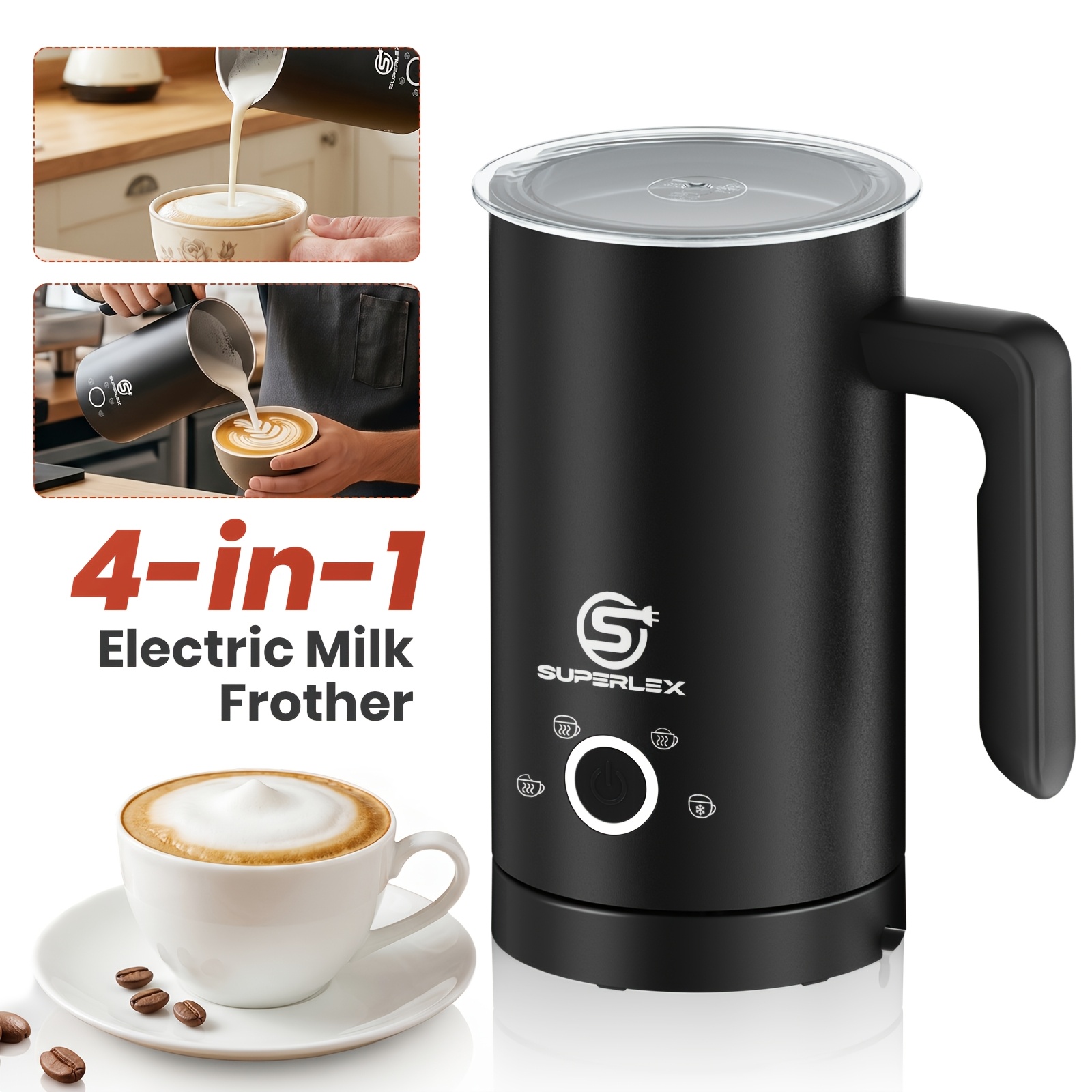 Superlex 500w Electric Milk Frother 300ml Max Heating, Stainless Steel Double Wall Milk Foaming Automatic Shut Off Base For Cappuccino Automatic Milk Frother Easy To Clean And