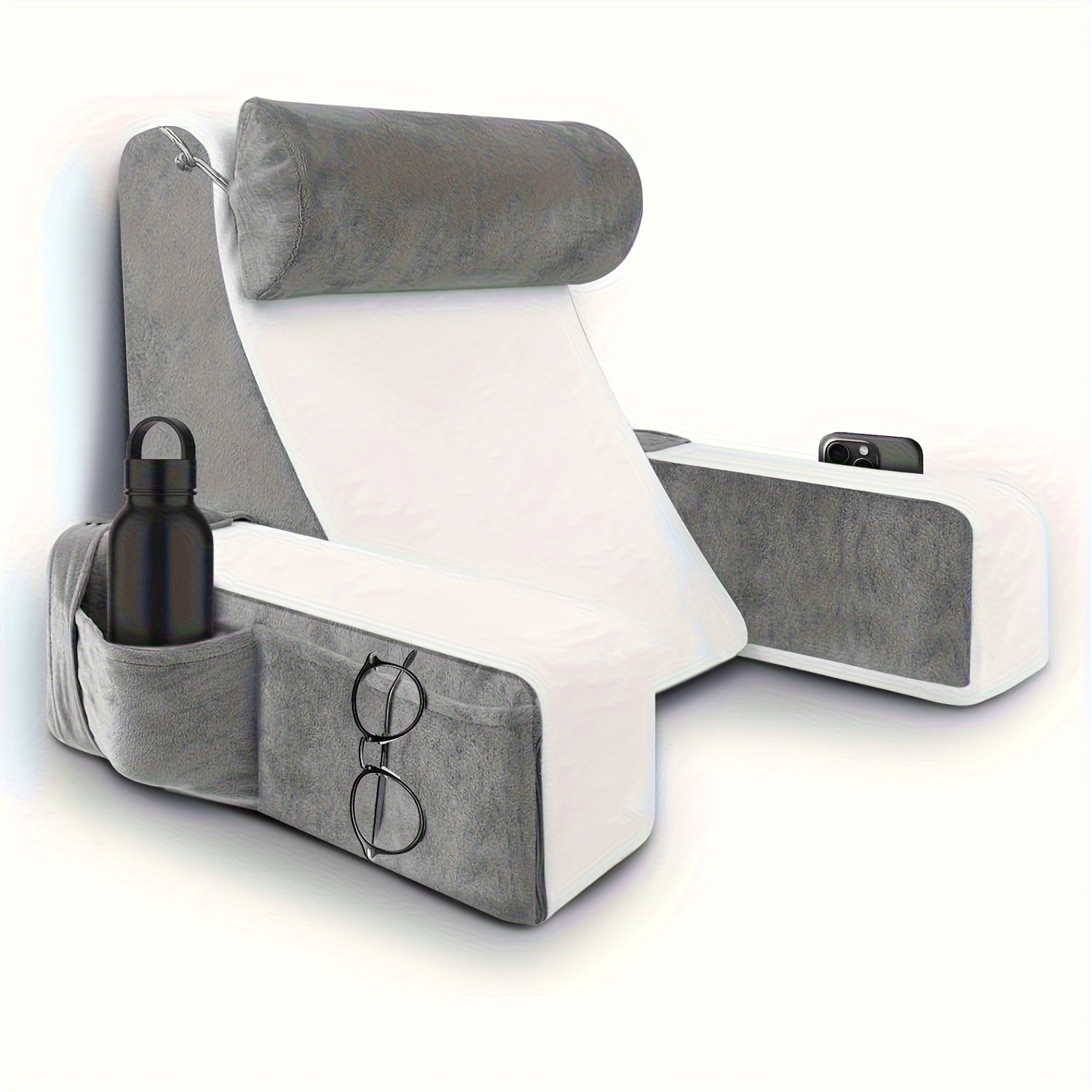 Comfortable Bed Reading Pillow - Ergonomic Sit-Back Cushion with Pockets, Ideal for TV Watching, Reading, Gaming - Soft Polyester, Gray/White, Perfect for Couch, Sofa, or Floor Rest