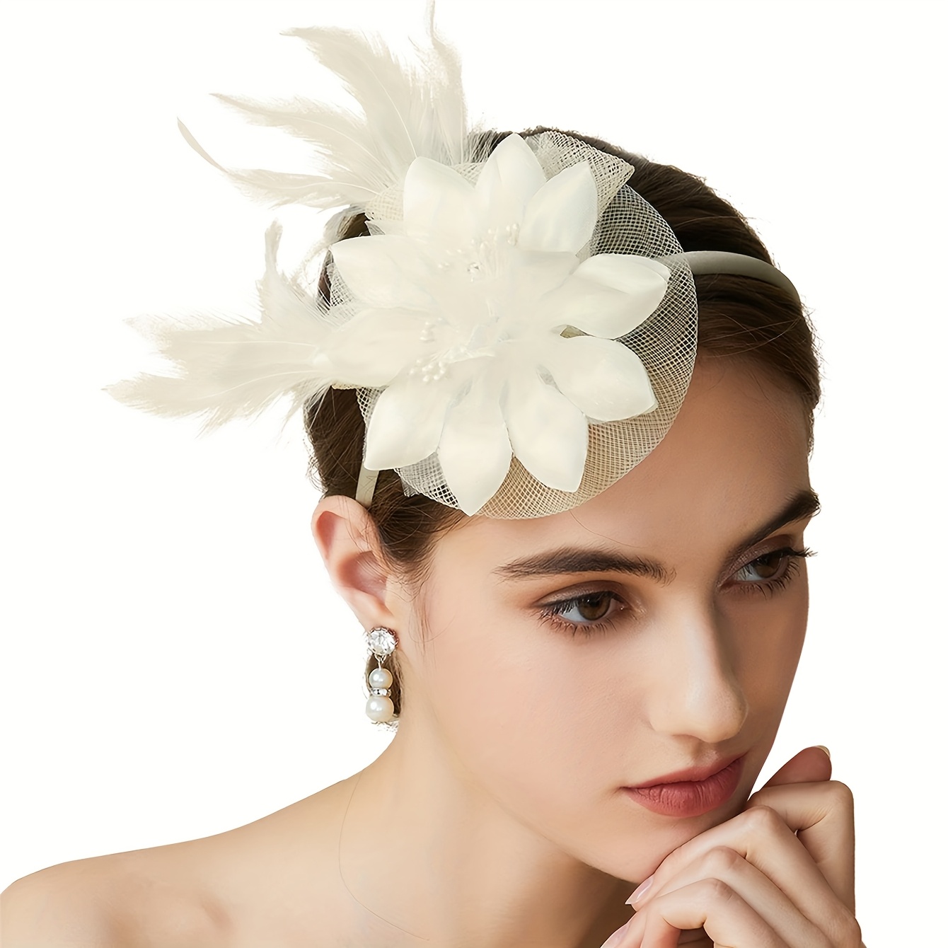 3648 Derby Feather Fascinator Headbands Wedding Hair Clip Tea Party Hat Feather Fascinator Hats for Women Hemp Mesh Derby Hat Tea  main image 3