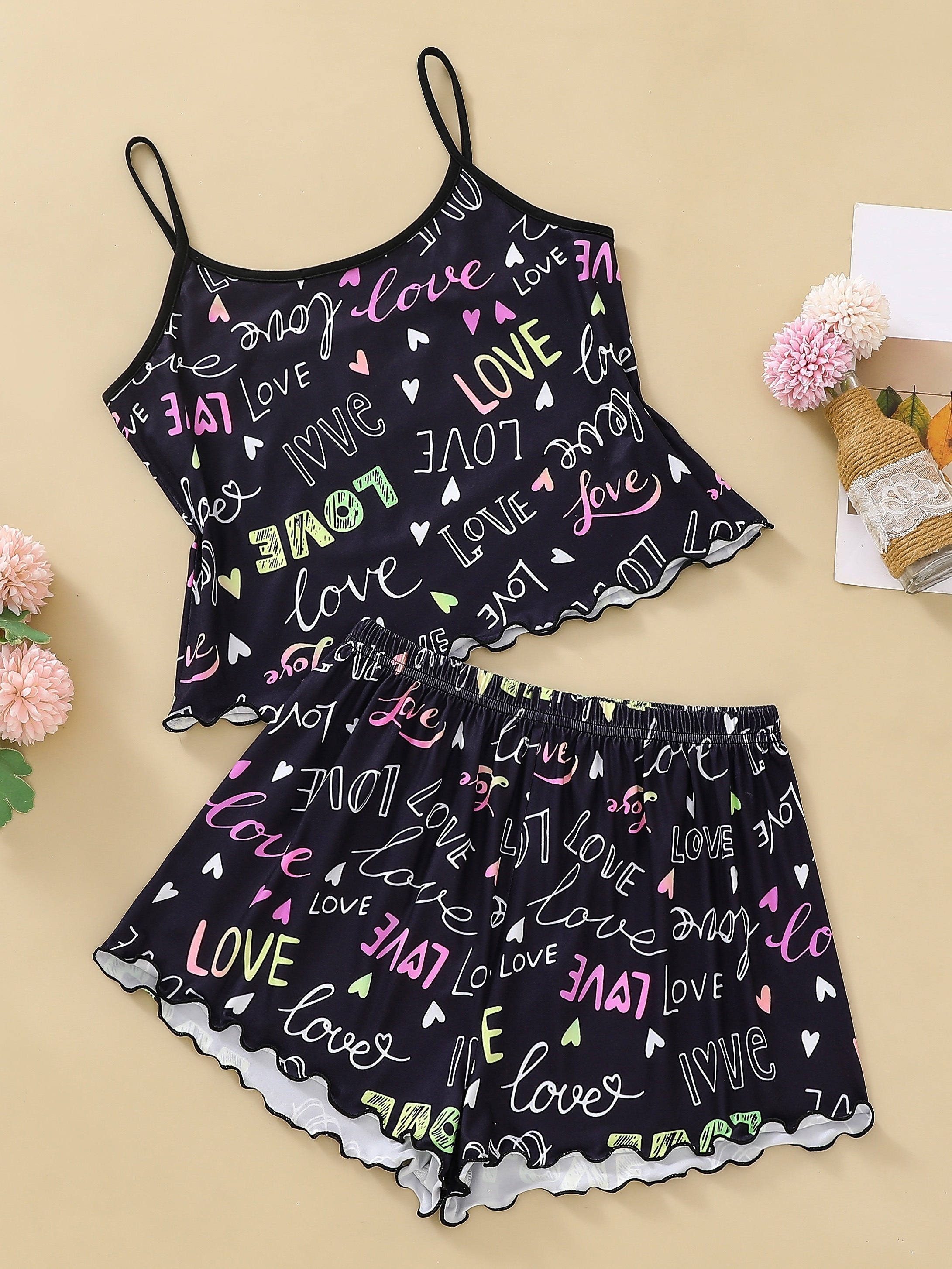 Graffiti Anime Print Pajama Set Button Up Cami Crop Top - Temu