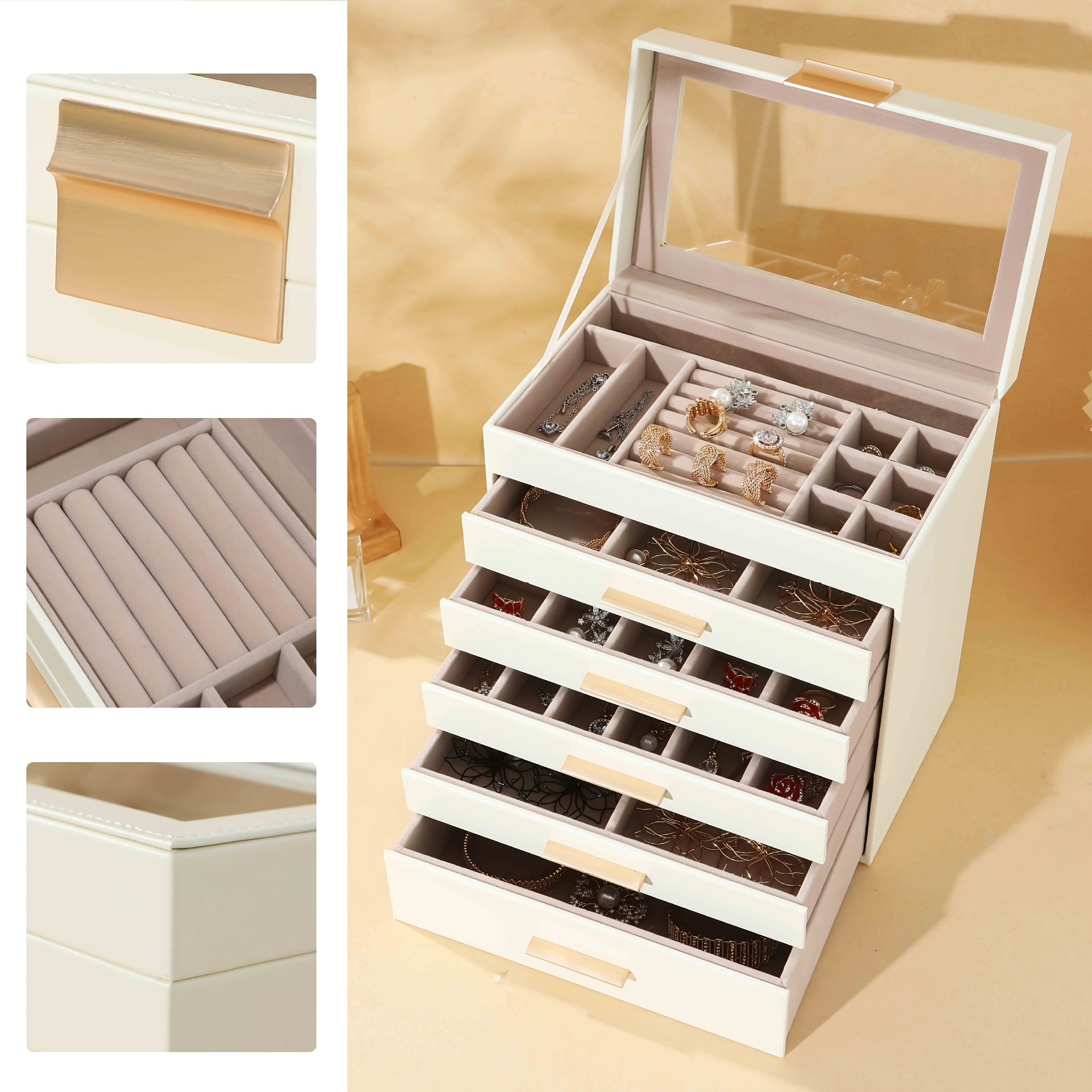 TEMU Une boîte à bijoux pour femmes avec couches et tiroirs, ou six couches et tiroirs, disponible pour . C'est une boîte de rangement de bijoux