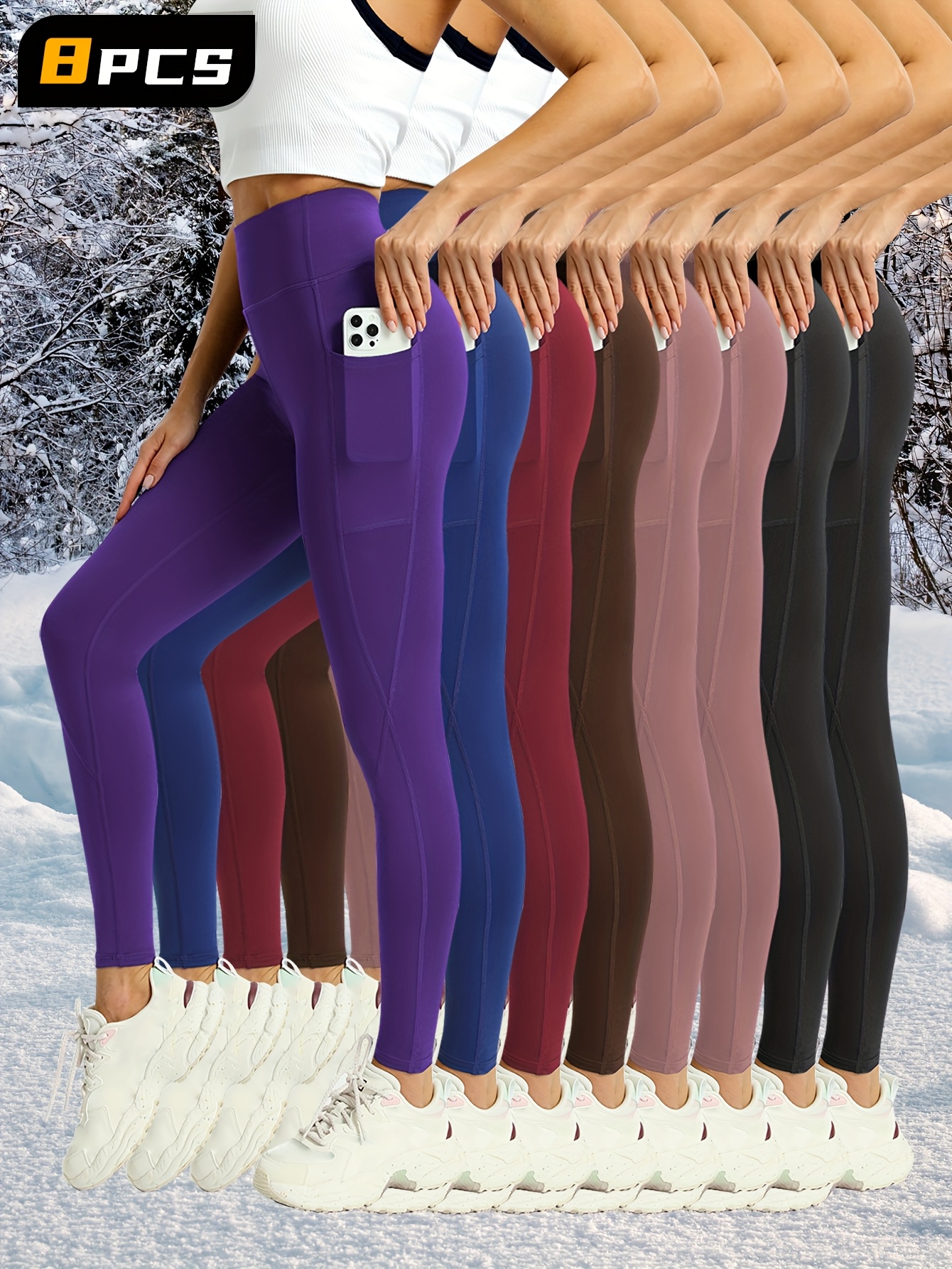 Set of 8 Women'S High-Waisted Leggings Featuring Pockets - Soft Yoga Ankle Pants for Tummy Control, Ideal for Workouts, Running, And Pilates