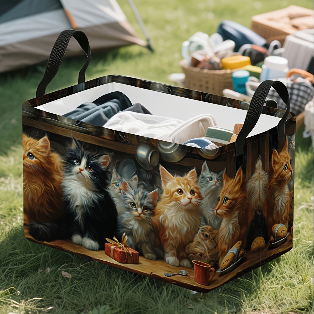 TEMU 1pc, , Cats Cozy Gathering 2d Flat Themed Foldable Storage Basket - Extra Large Organizer With Sturdy Handles, Foldable Lightweight Sturdy Large