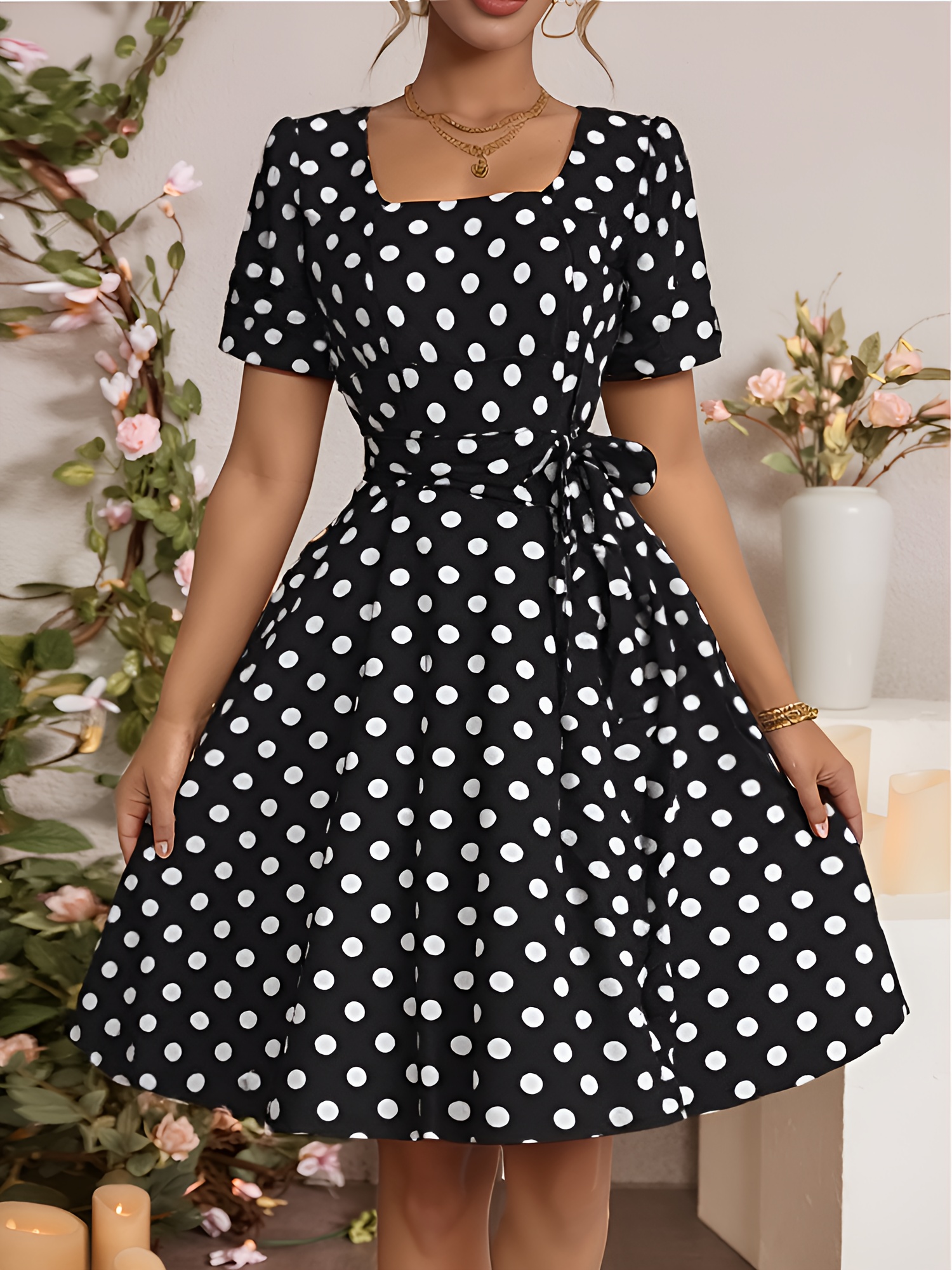 Elegant Vintage Polka Dot * Neck Short Sleeve Knee-Length Casual Party  Vacation Dress