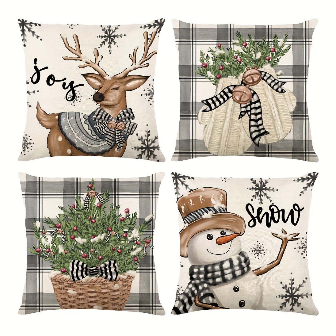 

Vintage Christmas Throw Pillow Covers Set of 4 - Woven Polyester, Hand Wash Only, Zipper Closure - Festive Reindeer, Snowman, & Holiday Tree Prints for Living Room Decoration