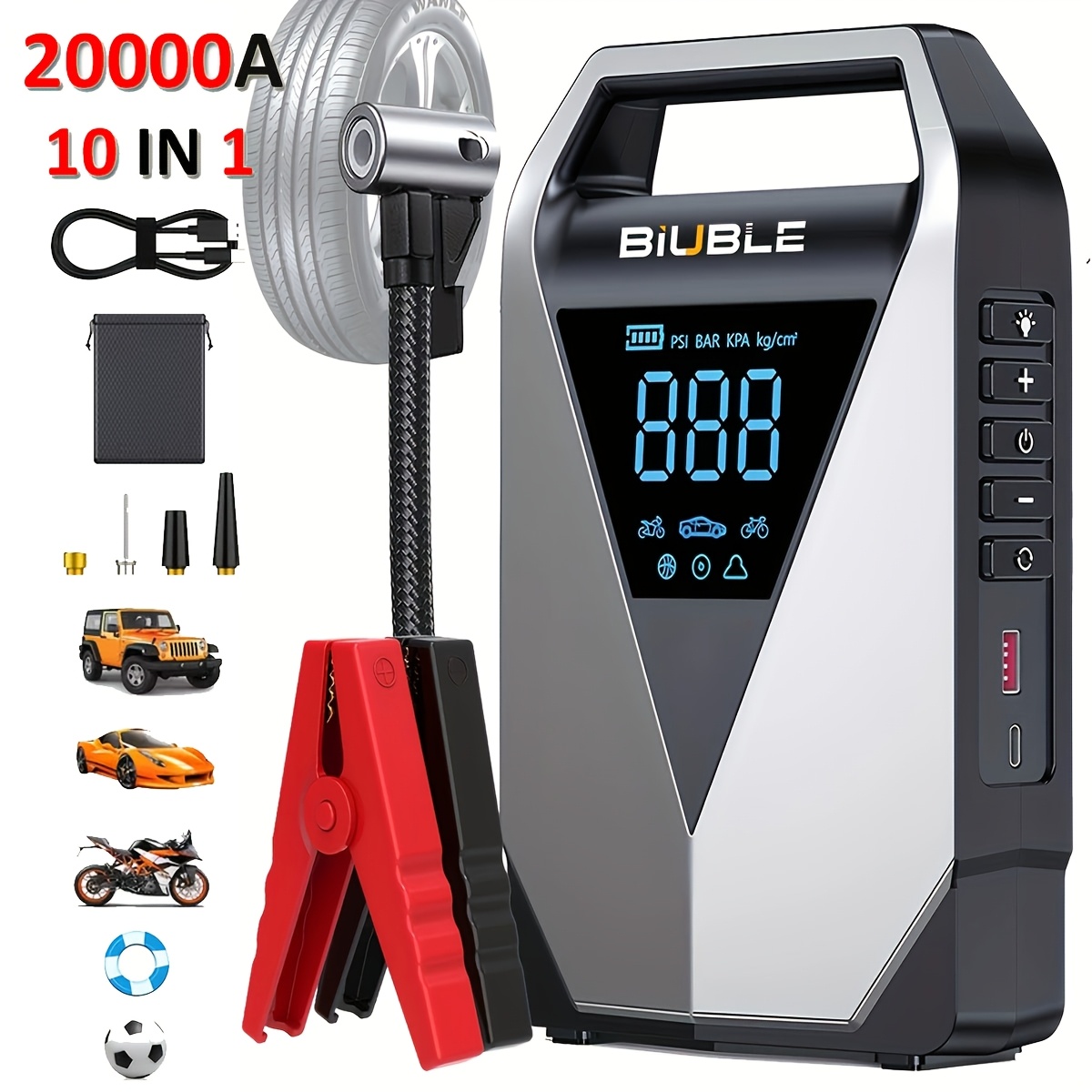 Image of Car Jump Starter With Air Compressor Cordless Tire Inflator, Battery Booster With Power Bank Pack & Led Flashlights, 12v Auto Jumper Box For 12v Gas Or 10.0l Vehicles
