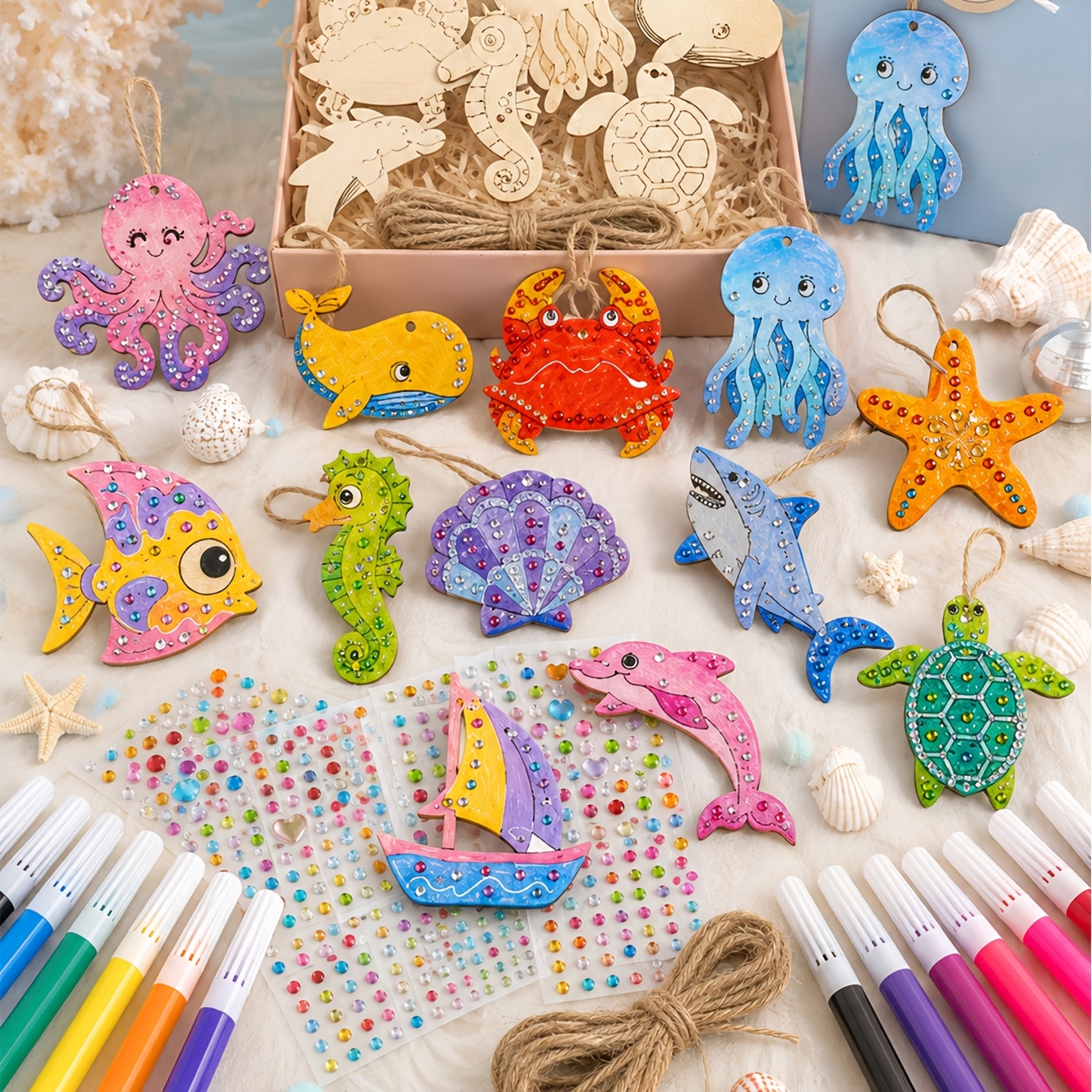 Summer Ocean Wooden Ornament Coloring Kit for Kids
