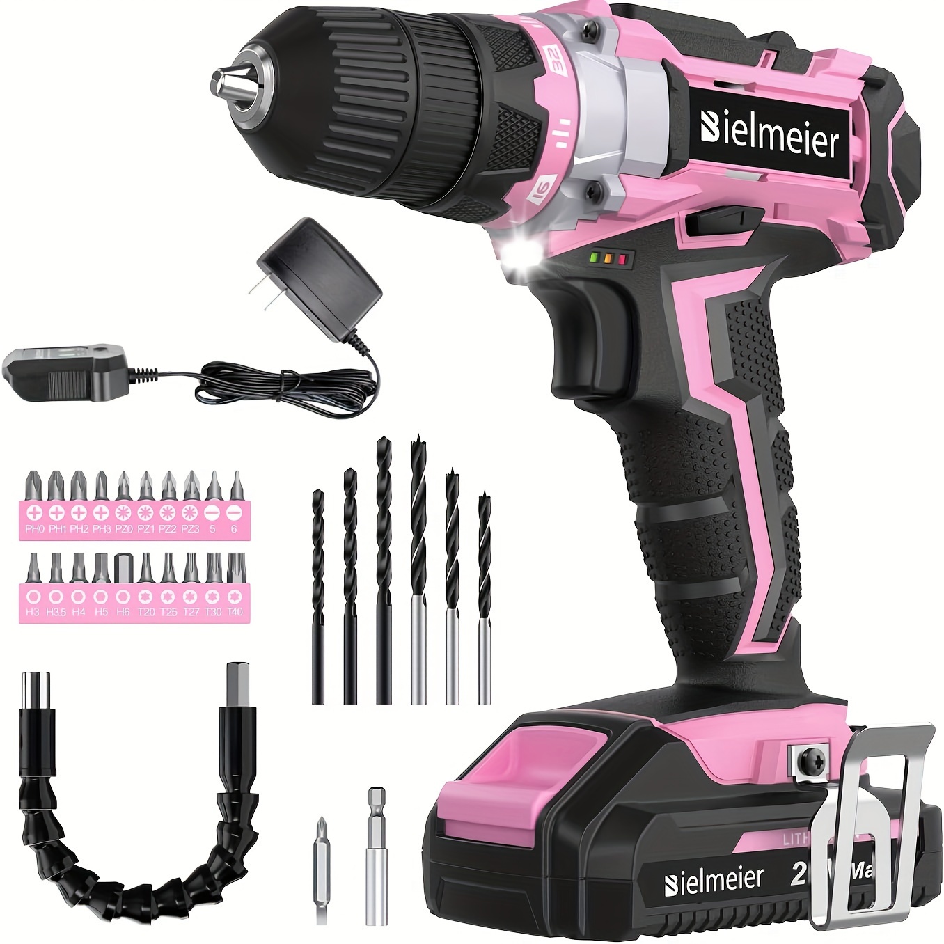 

Bielmeier 20v Pink Cordless Drill Set, Power Drill Kit With Lithium-ion And Charger, 3/8 Inches Keyless Chuck, Electric Drill With Variable Speed, Led And 29pcs Drill, For Home Diy And Repair
